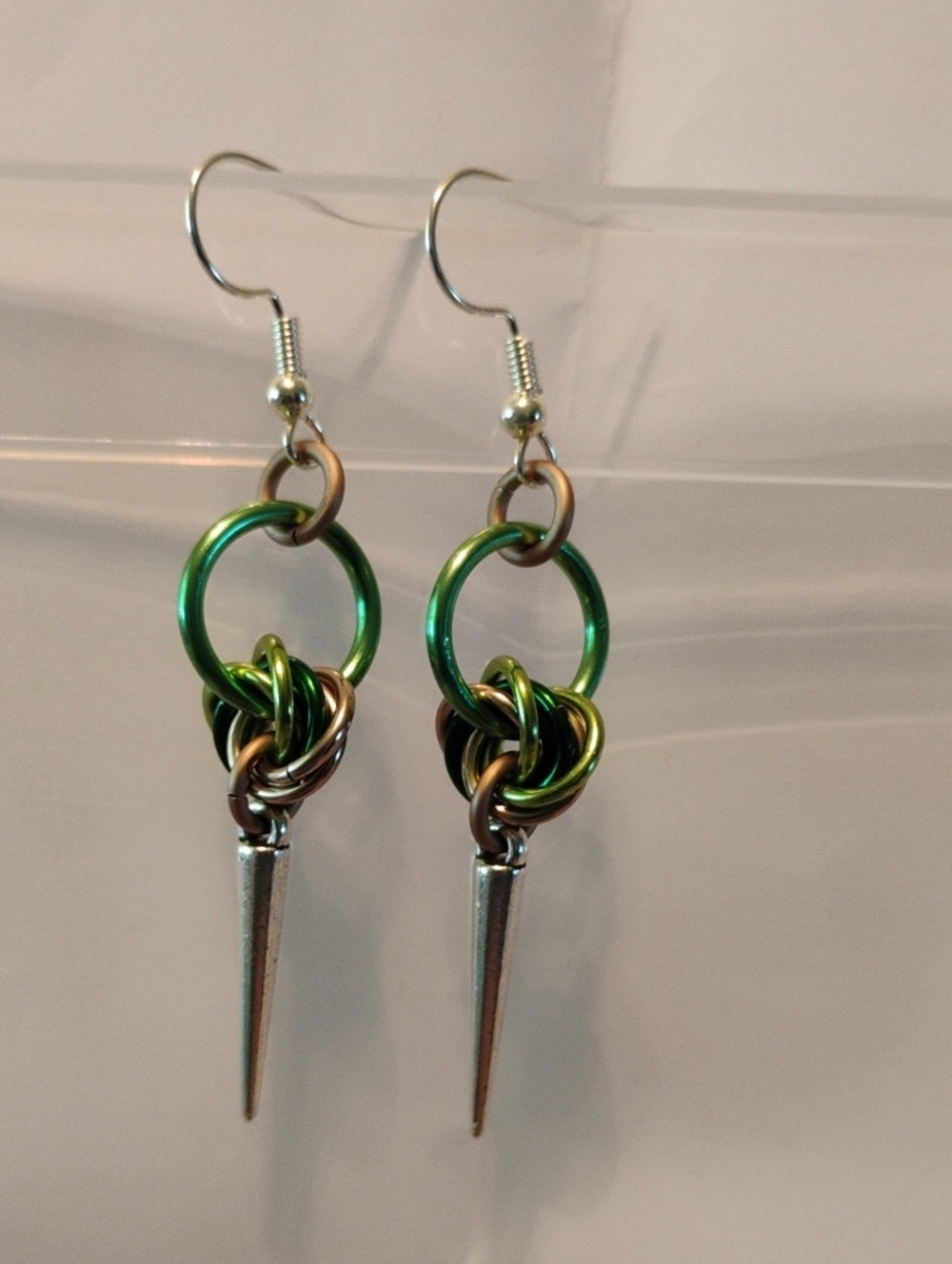 Green and Tan Chainmail Spiked Mobius Earrings